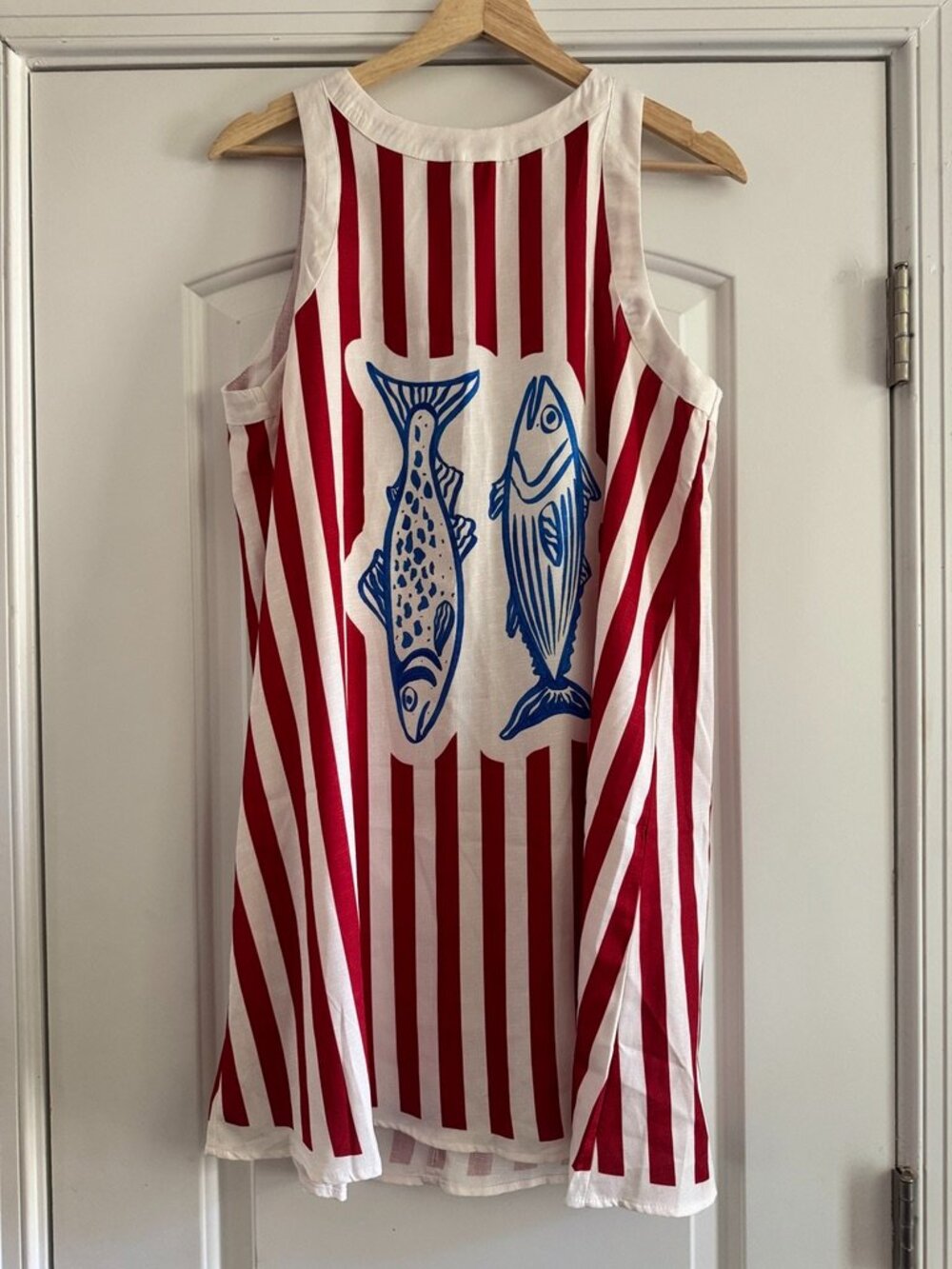 Red White Stripe Fish Print Shift Dress Nautical Coastal Sleeveless Size L - Picture 2 of 5